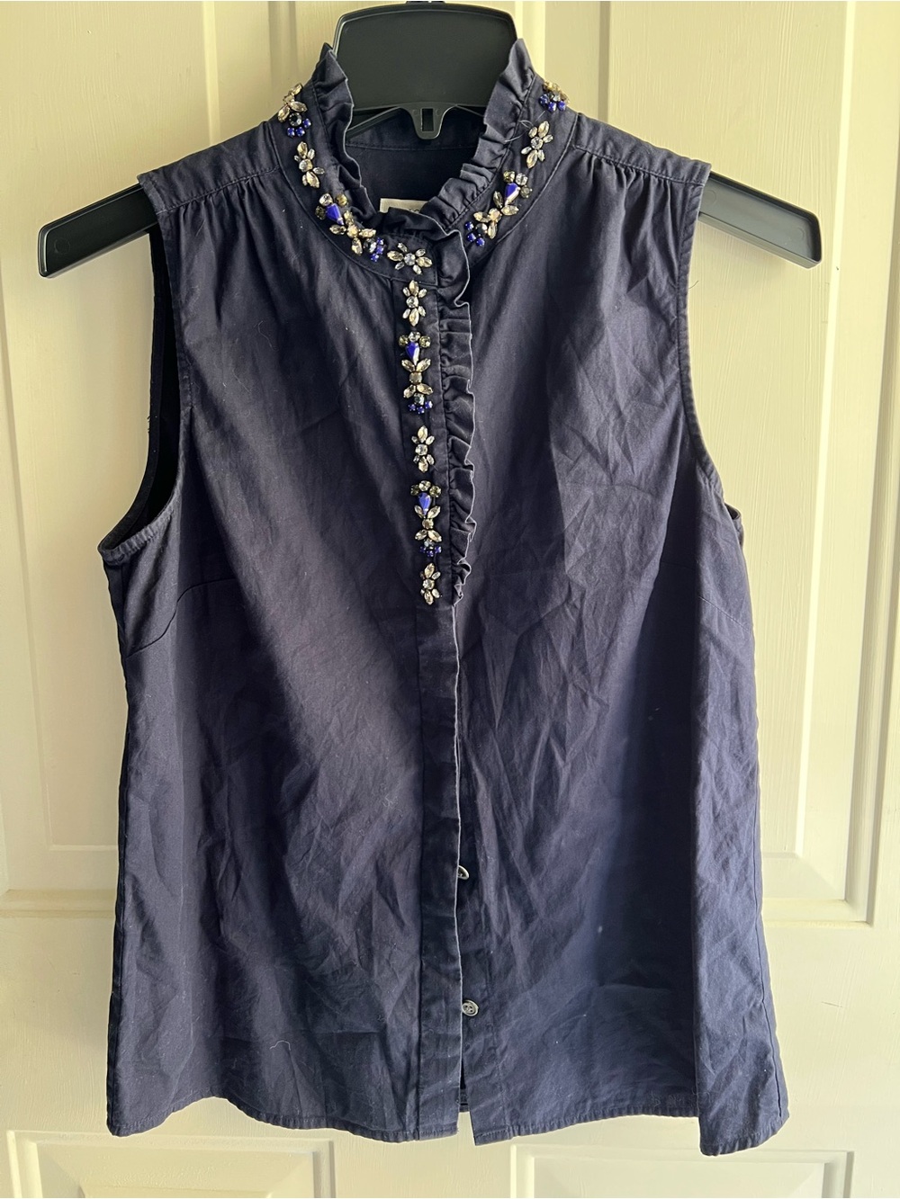 J. Crew Women’s Navy Sleeveless Embellished Ruffle Neck Top size 4